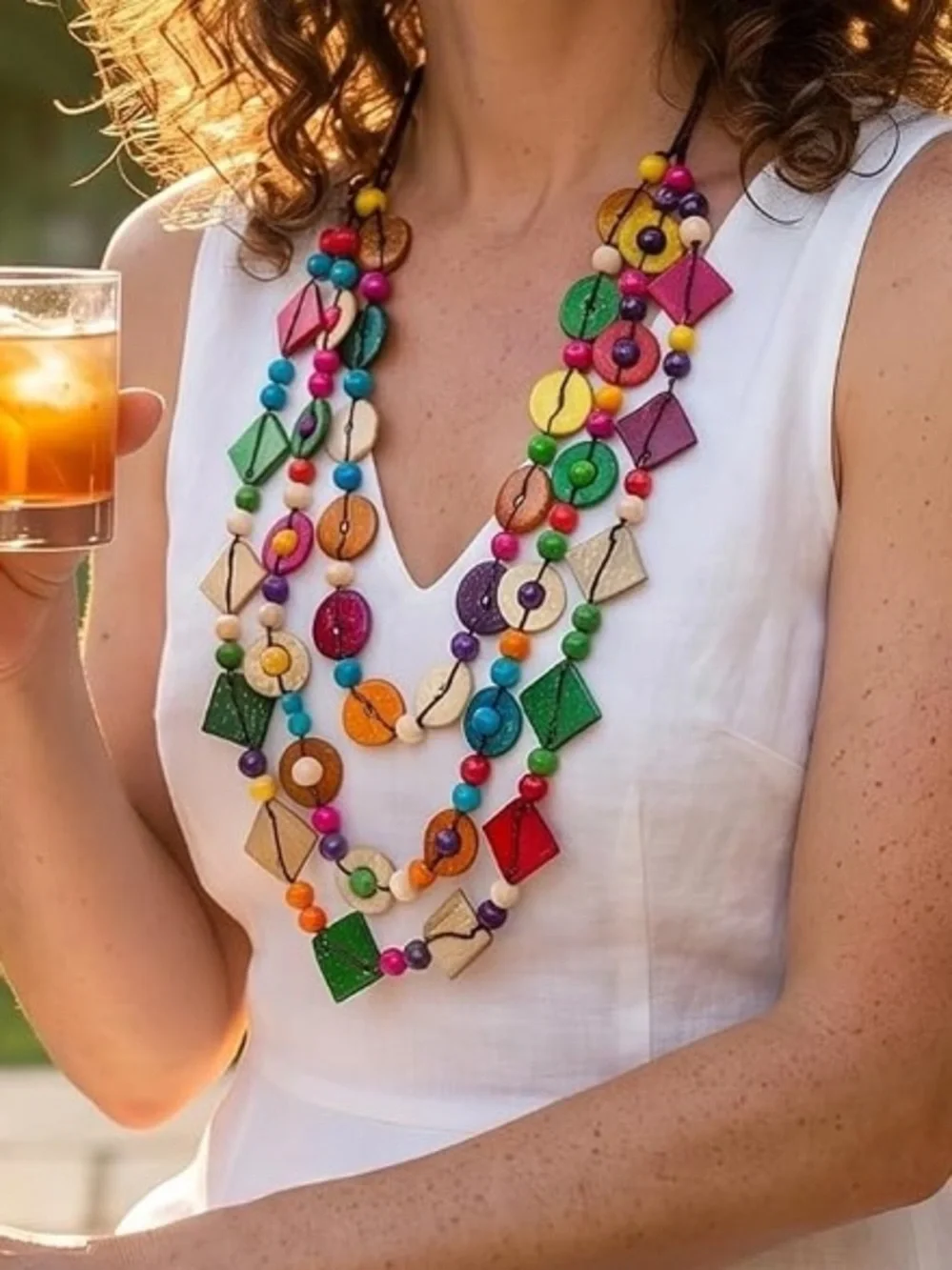 Anthropologie Bright Multicolor Geometric Beaded Necklace - Picture 2 of 8